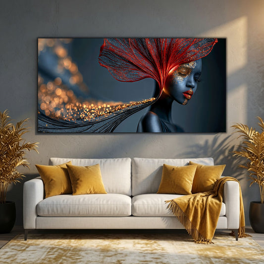 Tablou pentru sufragerie modernă Red Amber Veil, imprimat UV pe sticlă securizată ultra-clară, ideal pentru interioare elegante și contemporane.