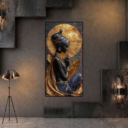 Tablou vertical Quiet Devotion pe sticlă securizată, în living contemporan în tonuri grafit, cu lumină laterală caldă