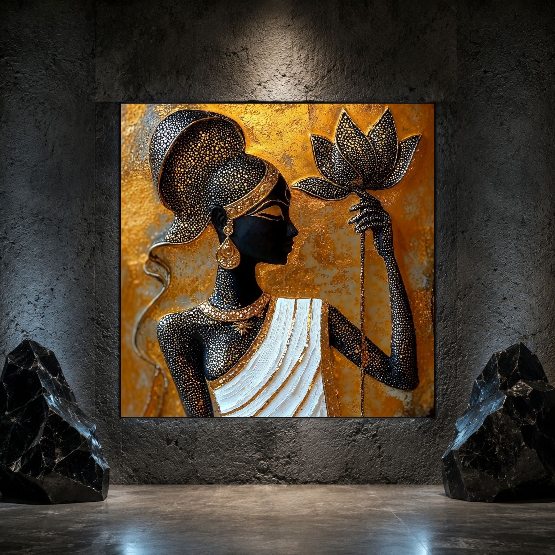 Tablou living Lotus Current pe sticlă securizată, prezentat într-un interior modern.