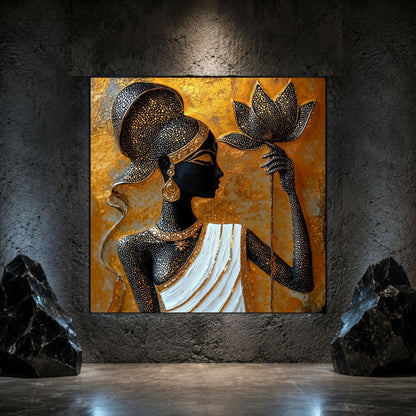 Tablou living Lotus Current pe sticlă securizată, prezentat într-un interior modern.