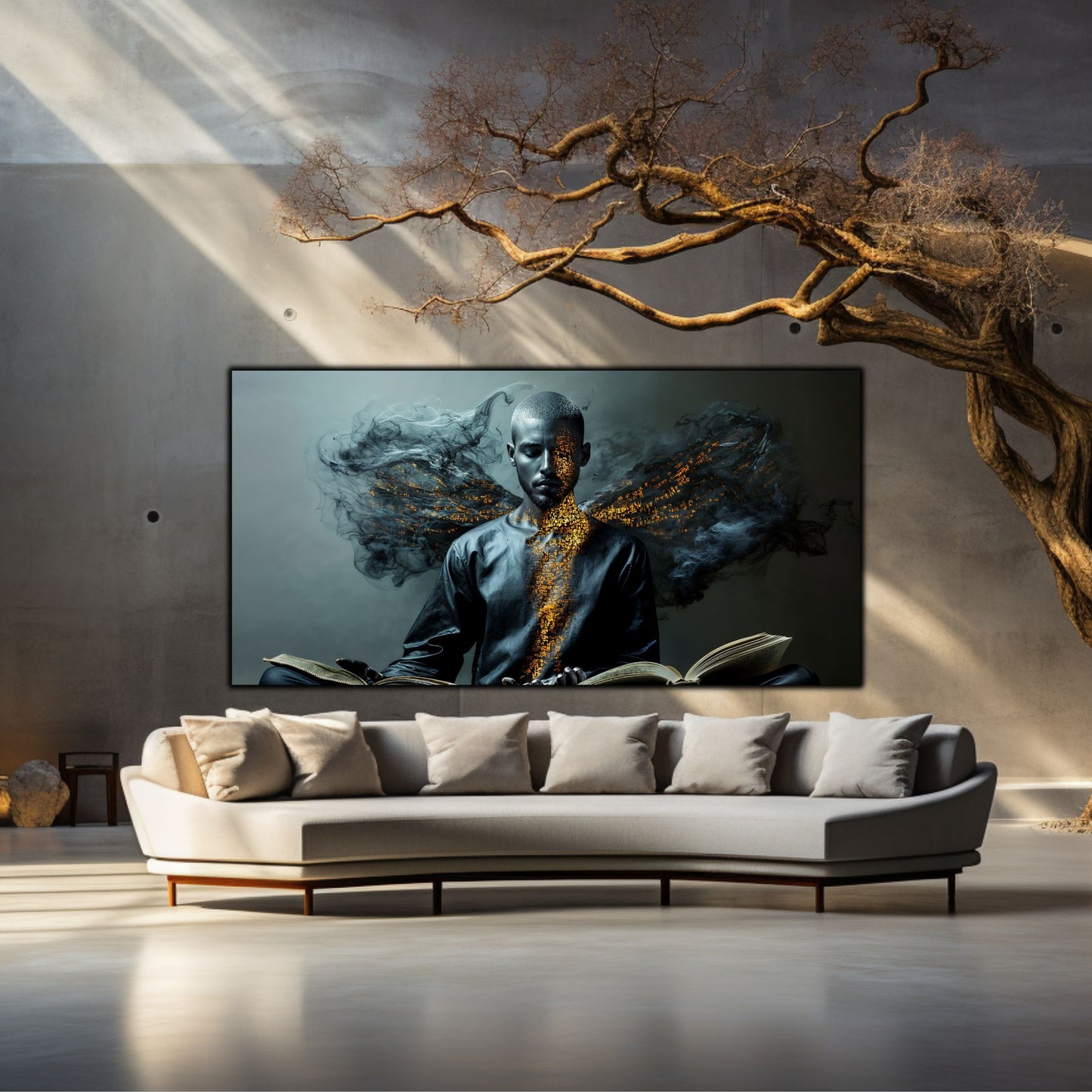 Tablou abstract al unui calugar in negru, cu litere din fum, pentru living sau sufragerie