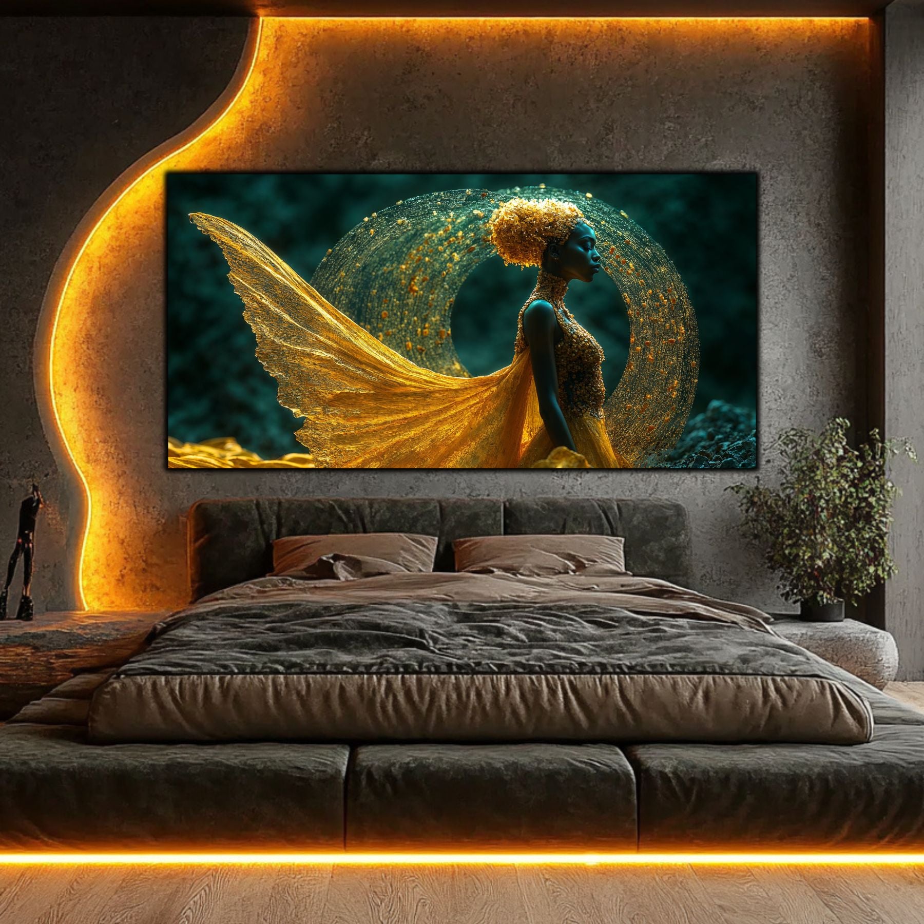 Tablou pe sticlă de lux Vortexul Eliberării, decor perete dormitor elegant cu iluminare aurie
