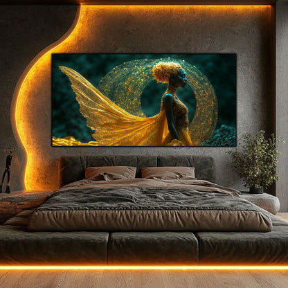 Tablou pe sticlă de lux Vortexul Eliberării, decor perete dormitor elegant cu iluminare aurie
