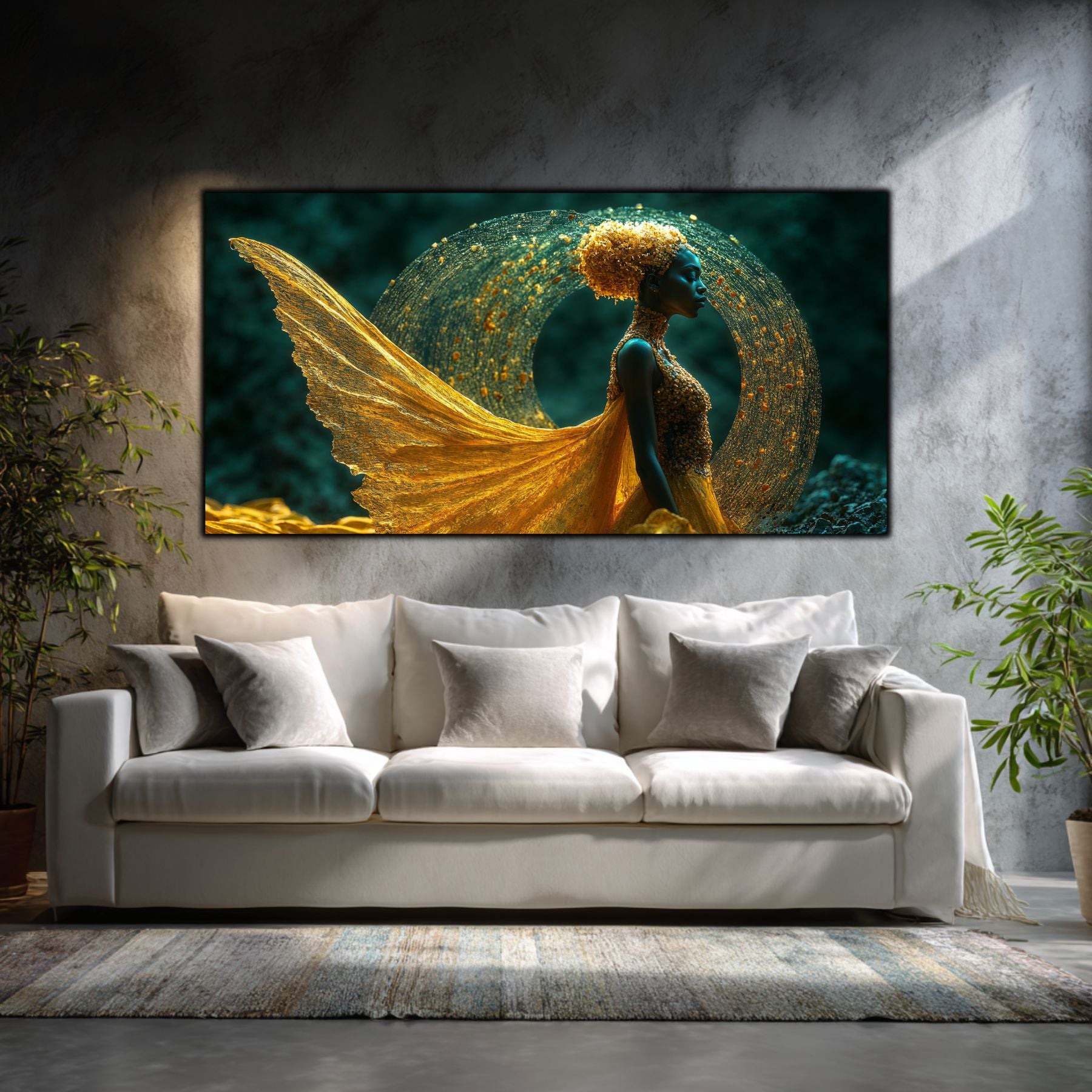 Tablou decorativ Vortexul Eliberării artă pe sticlă, living modern cu canapea albă și lumină naturală
