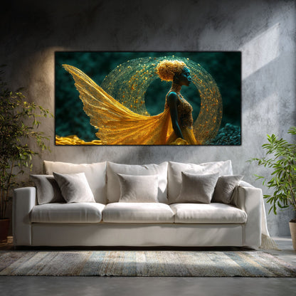 Tablou decorativ Vortexul Eliberării artă pe sticlă, living modern cu canapea albă și lumină naturală

