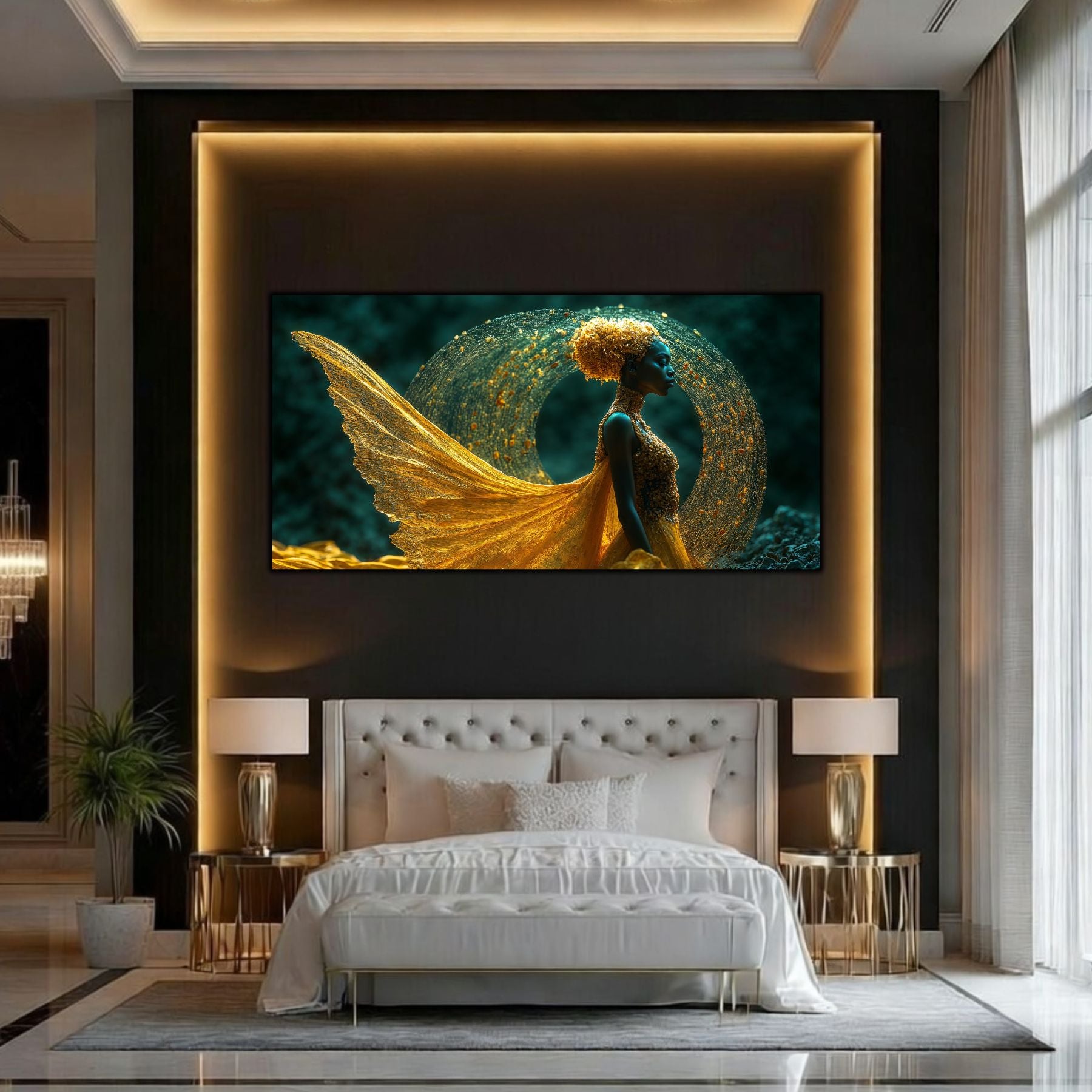 Tablou abstract auriu Vortexul Eliberării pe sticlă, dormitor de lux cu ramă decorativă aurie
