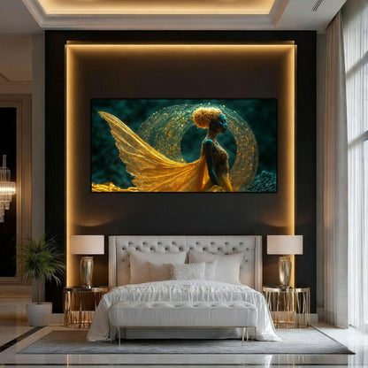 Tablou abstract auriu Vortexul Eliberării pe sticlă, dormitor de lux cu ramă decorativă aurie
