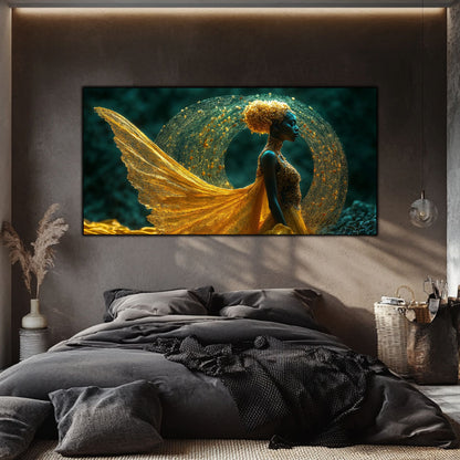 Tablou pe sticlă de lux Vortexul Eliberării, living cald cu canapea maro și flori decorative uscate